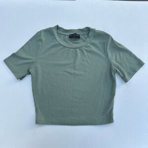 White Fox Ribbed Short Sleeve Top Green XS Casual Basic Tee